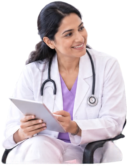Smiling gynaecologist holding a tablet
